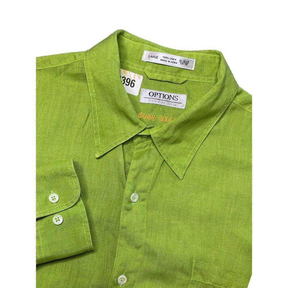 Options Men's Large 16-16,5 Long Sleeve Button-Up Pocket Collared Green Linen Sh